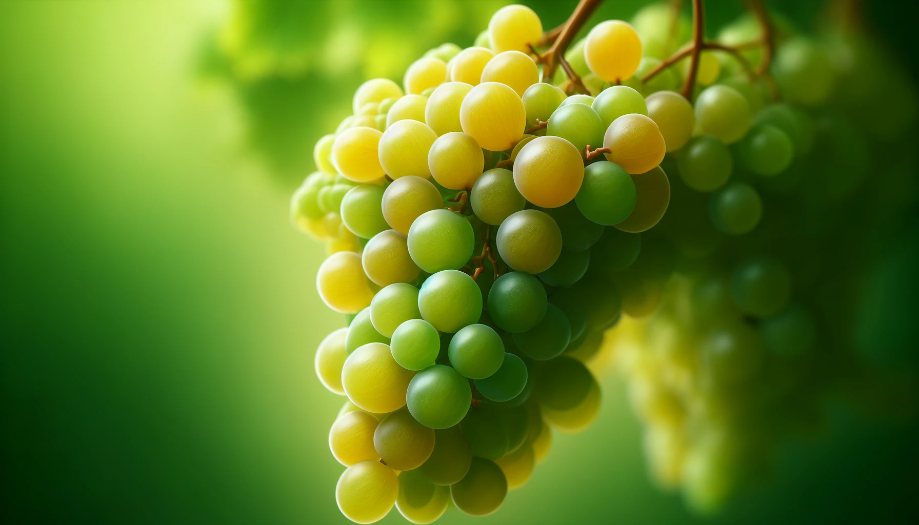DALL·E 2024-05-23 10.45.16 - Photorealistic stock image of Blanc du Bois grapes, closely focused on a cluster of ripe Blanc du Bois grapes with light green to golden yellow skins