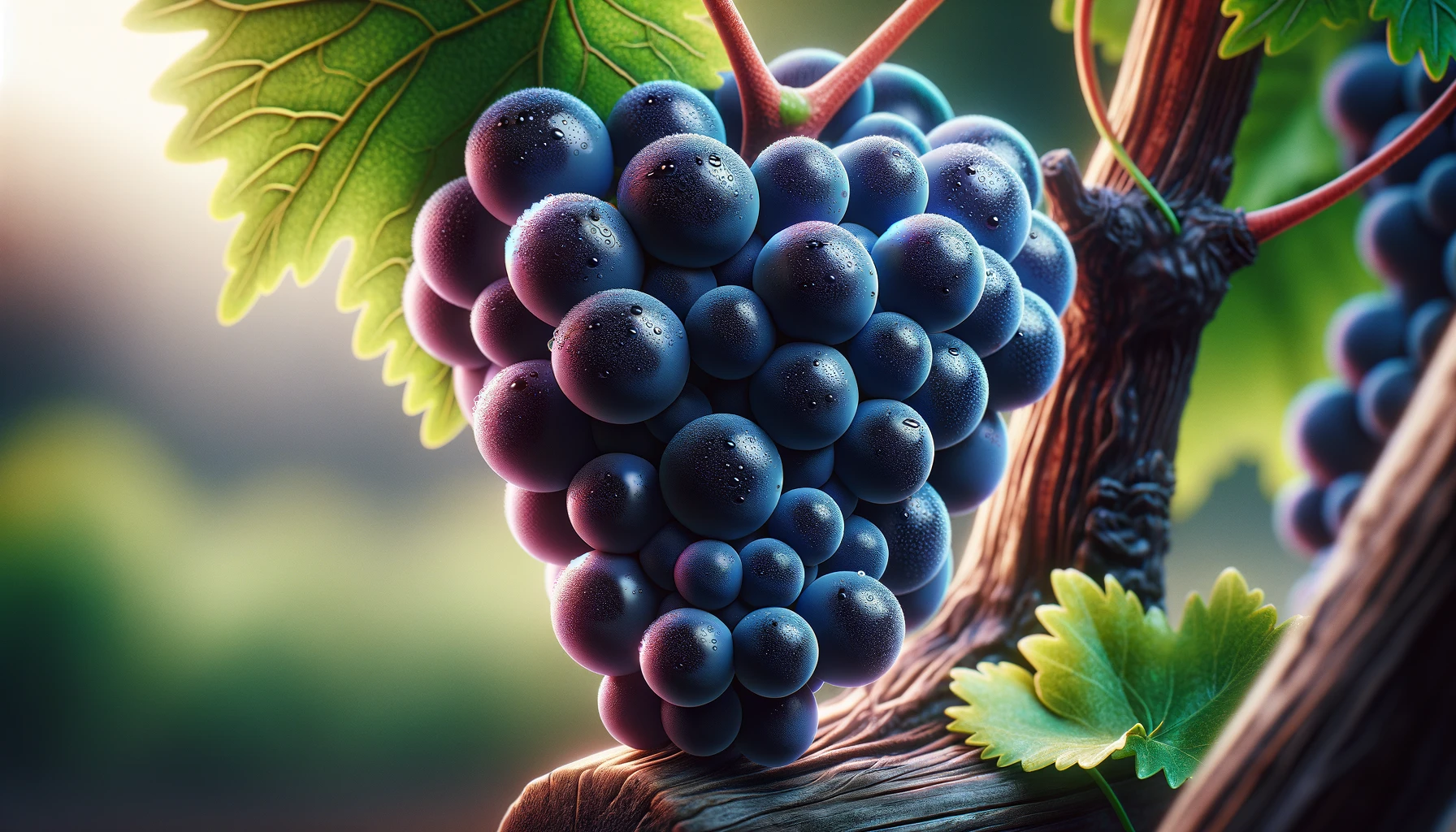 DALL·E 2024-05-23 11.00.51 - Close-up, photorealistic stock image of Dolcetto grapes, focusing on a cluster of ripe Dolcetto grapes with deep, dark blue to purple skins, attached