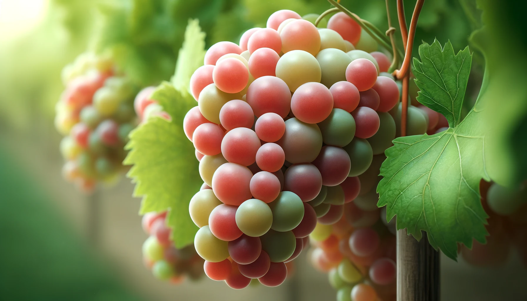 DALL·E 2024-05-23 11.05.37 - Close-up, photorealistic stock image of Grenache grapes, focusing on a cluster of ripe Grenache grapes with light red to pinkish skins, attached to th