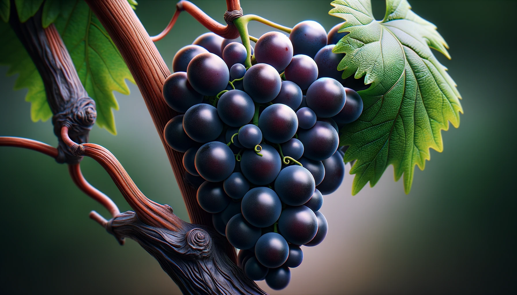 DALL·E 2024-05-23 11.10.09 - Close-up, photorealistic stock image of Malbec grapes, focusing on a cluster of ripe Malbec grapes with deep, dark purple skins, attached to the vine