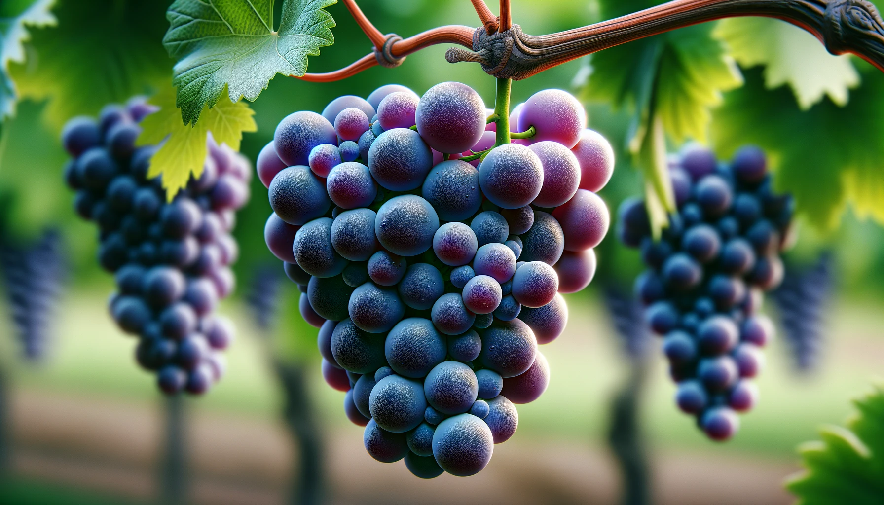 DALL·E 2024-05-23 11.15.53 - Close-up, photorealistic stock image of Cabernet Franc grapes, focusing on a cluster of ripe Cabernet Franc grapes with deep, bluish-purple skins, att