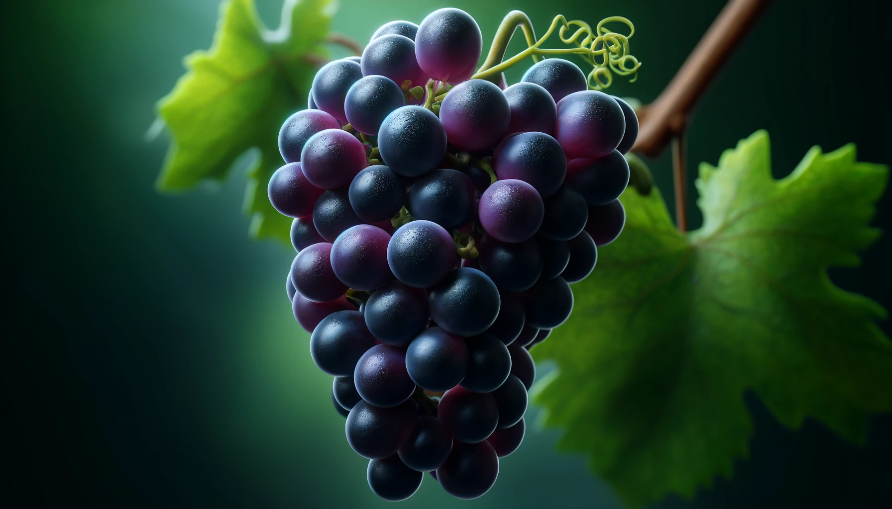 DALL·E 2024-05-23 11.17.07 - Close-up, photorealistic stock image of Mustang grapes, focusing on a cluster of ripe Mustang grapes with dark purple to black skins, attached to the
