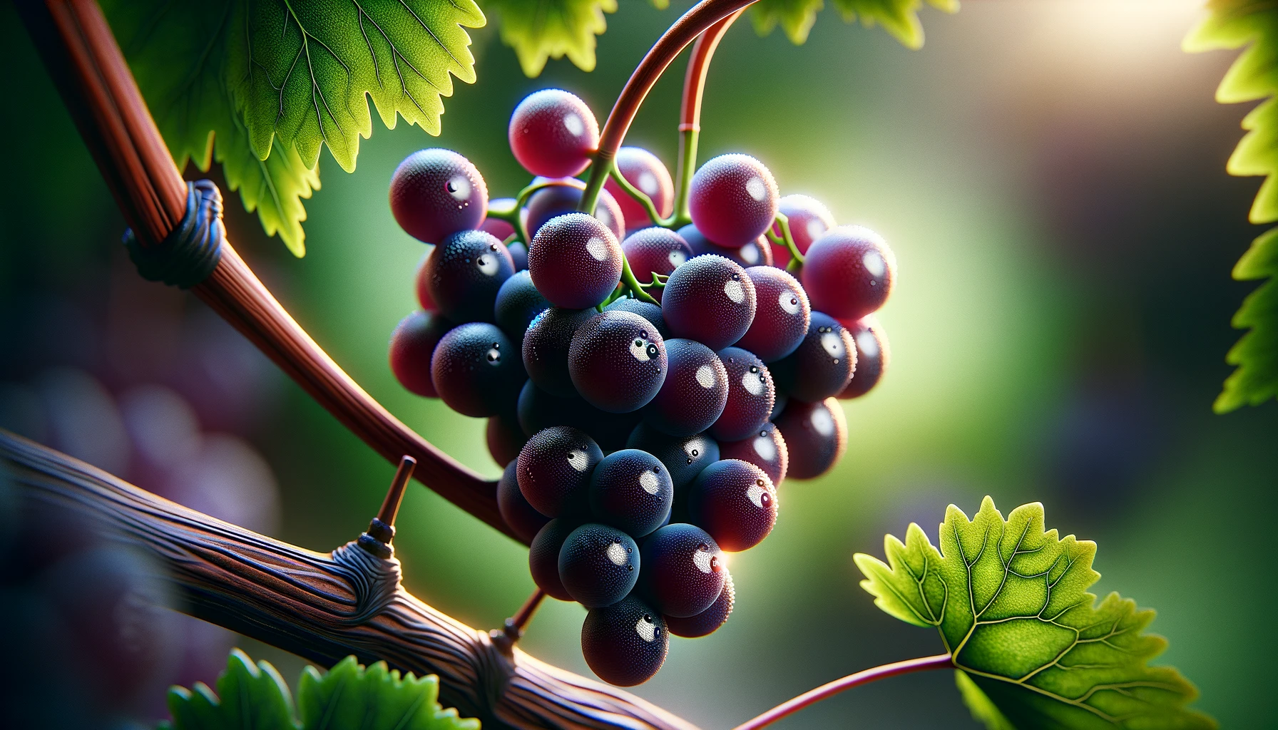 DALL·E 2024-05-23 11.20.40 - Close-up, photorealistic stock image of Mourvèdre grapes, focusing on a cluster of ripe Mourvèdre grapes with deep, dark red skins, attached to the vi