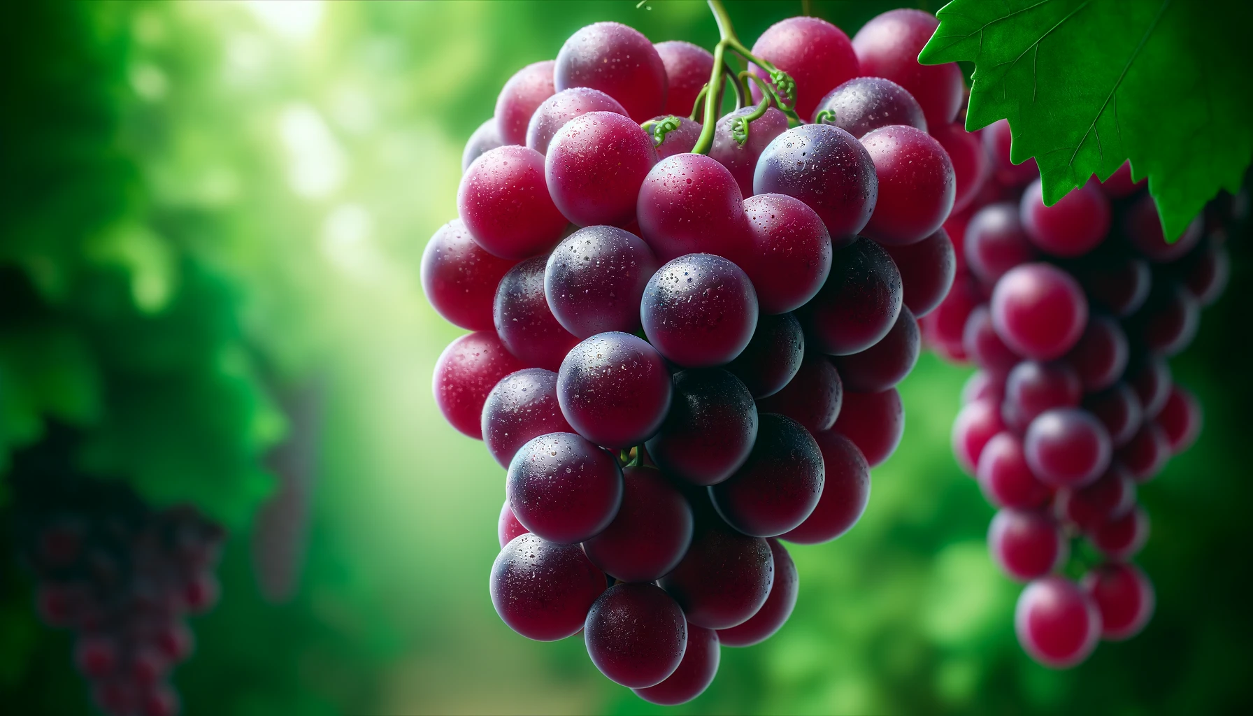 DALL·E 2024-05-23 11.30.43 - Close-up, photorealistic stock image of Ruby Cabernet grapes, focusing on a cluster of ripe Ruby Cabernet grapes with deep, dark red skins, attached t