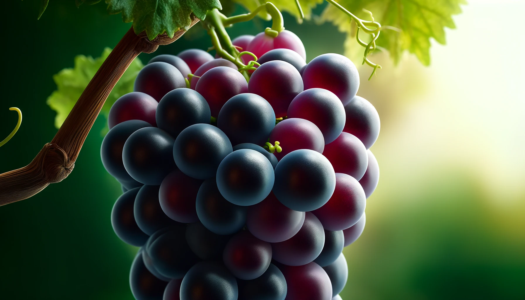 DALL·E 2024-05-23 11.32.46 - Close-up, photorealistic stock image of Tempranillo grapes, focusing on a cluster of ripe Tempranillo grapes with deep, dark red to purple skins, atta