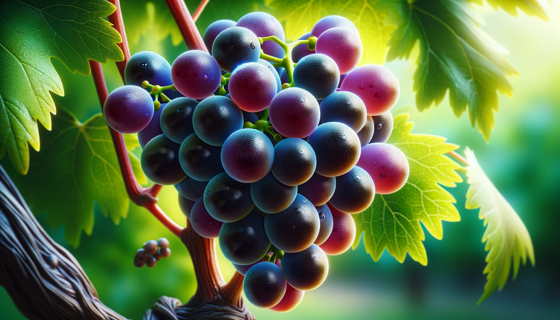 DALL·E 2024-05-23 12.12.21 - Close-up, photorealistic stock image of Negroamaro grapes, focusing on a cluster of ripe Negroamaro grapes with deep, dark red to purple skins, attach