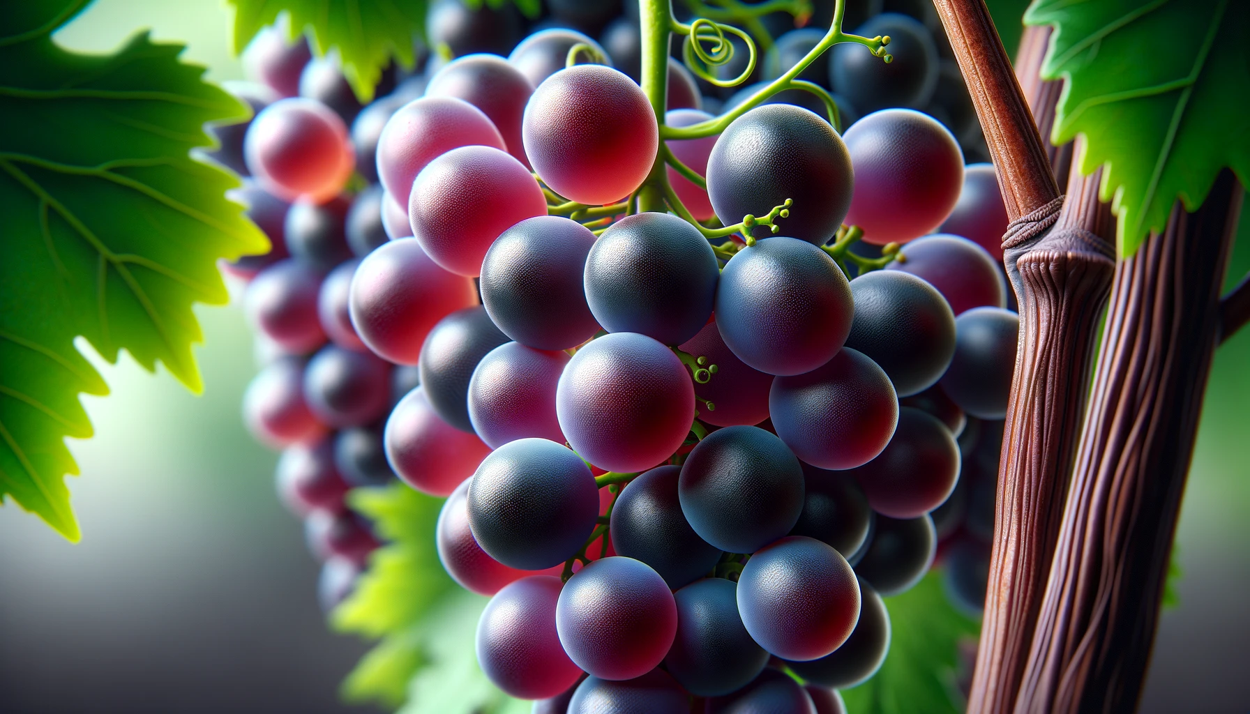 DALL·E 2024-05-23 12.14.40 - Close-up, photorealistic stock image of Zinfandel grapes, focusing on a cluster of ripe Zinfandel grapes with deep, dark red to purple skins, attached