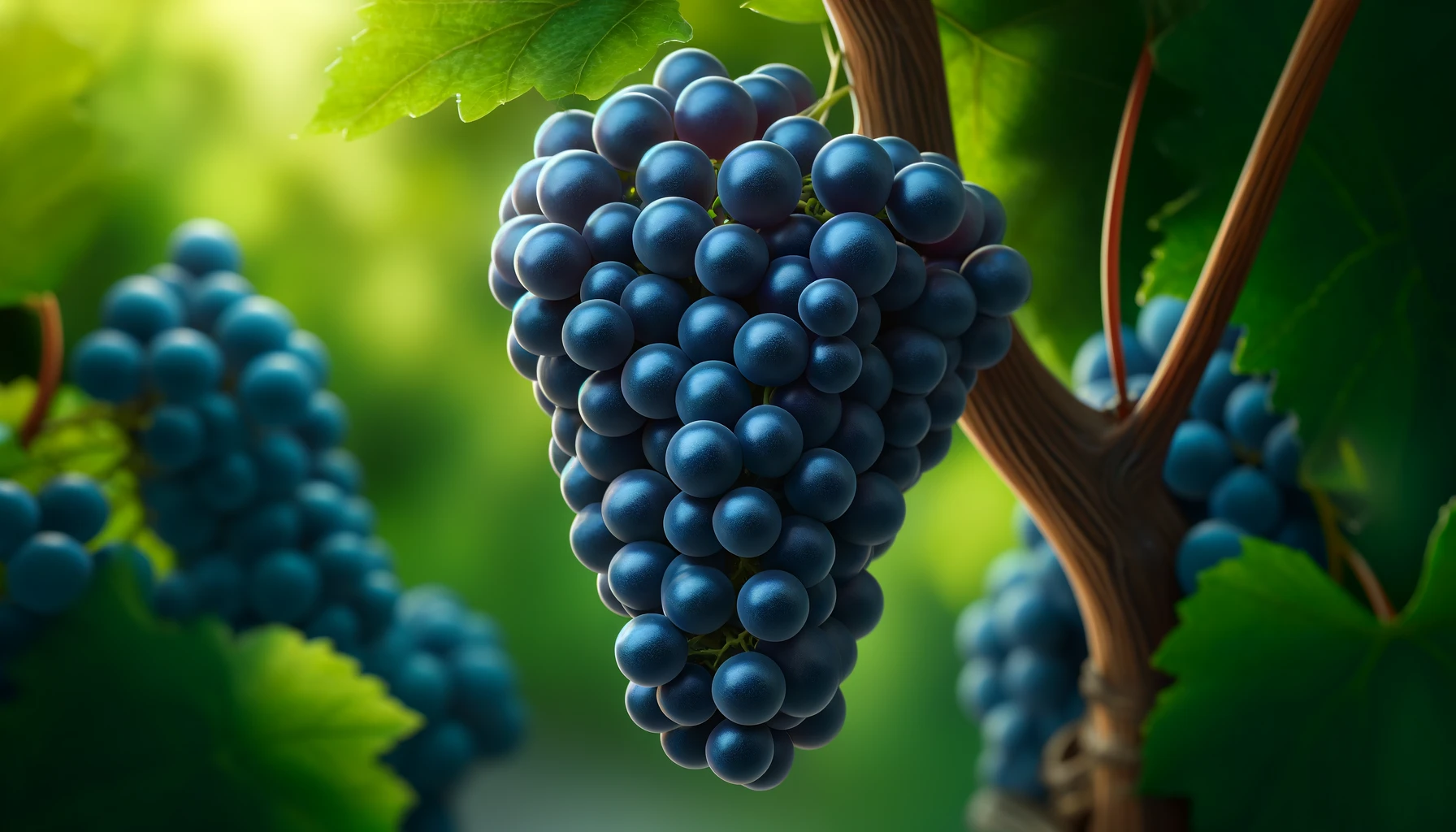 DALL·E 2024-05-23 12.18.11 - Close-up, photorealistic stock image of Touriga Nacional grapes, focusing on a cluster of ripe Touriga Nacional grapes with deep, dark blue to almost
