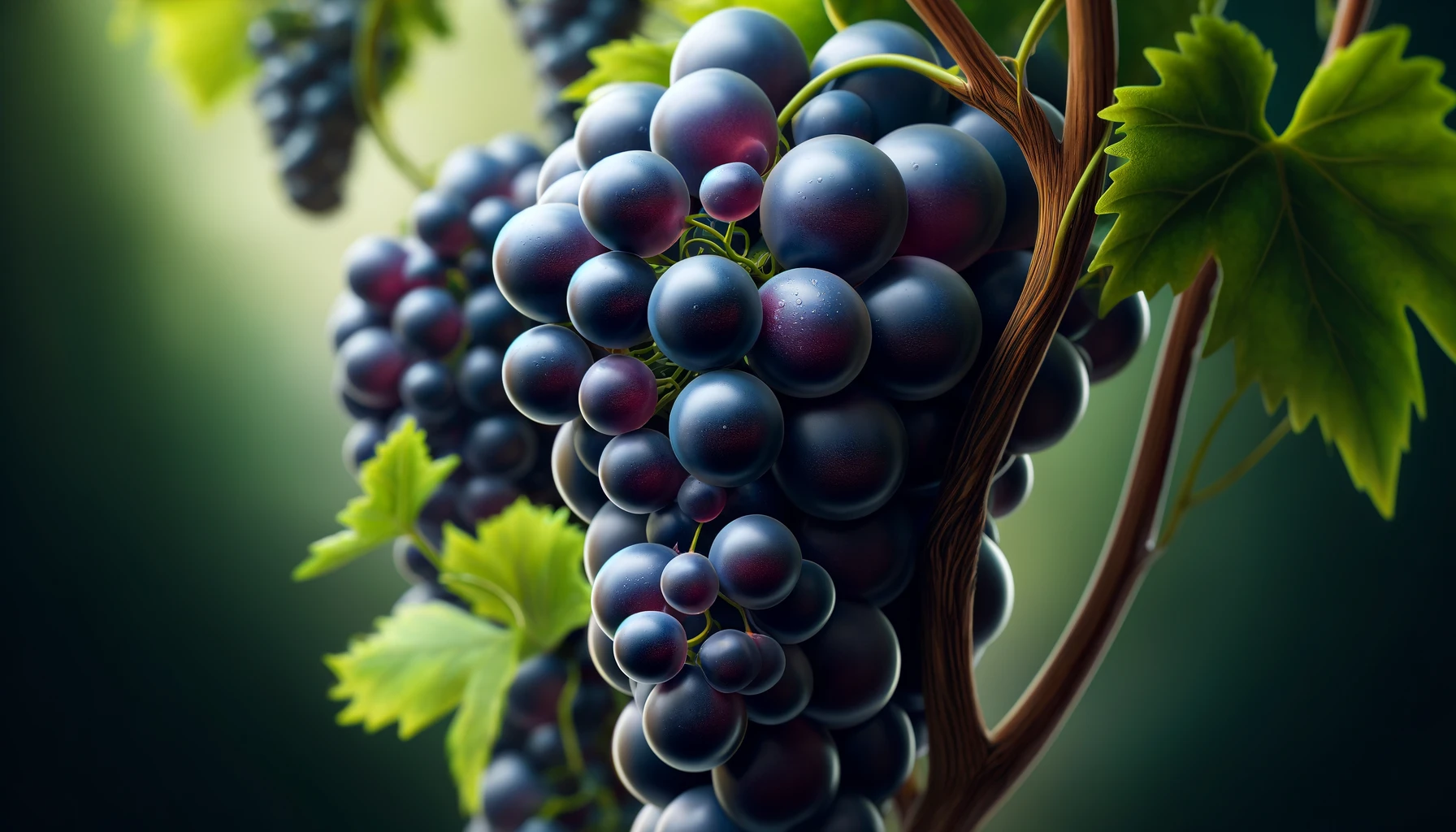 DALL·E 2024-05-23 12.26.33 - Close-up, photorealistic stock image of Merlot grapes, focusing on a cluster of ripe Merlot grapes with deep, dark blue to purple skins, attached to t